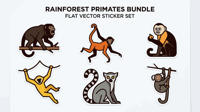 Vibrant rainforest primates sticker set with various monkey species hanging