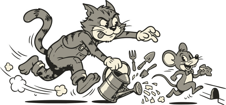 Cartoon cat chasing scared mouse in dynamic running pose line art illustration