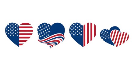 Obraz premium Set of american flag heart icons isolated on white background