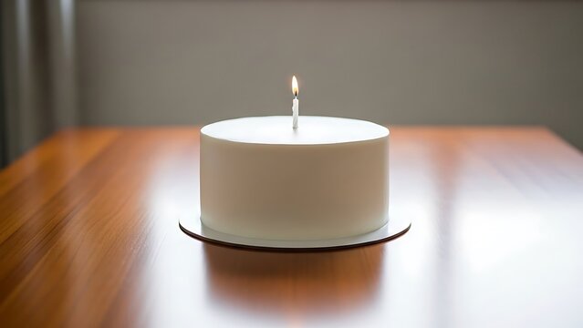 minimalist white birthday cake with one lit candle on wooden table