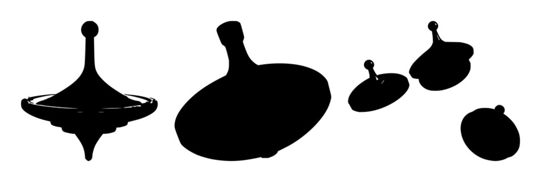 Spinning top set with black silhouette on white background featuring toy, motion, classic with black and white and minimalistic illustration