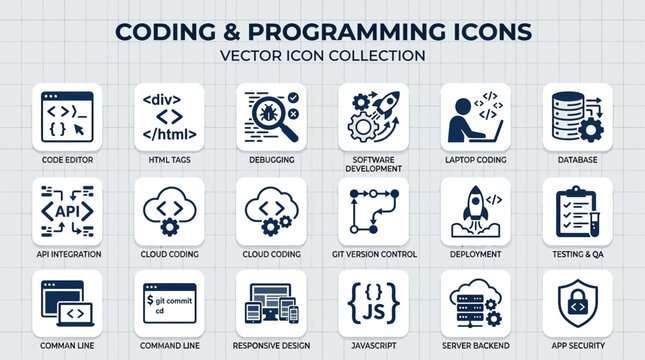 Coding and programming icons vector collection on grid background