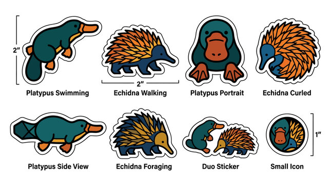 A colorful sticker sheet features a platypus and echidna in various poses.