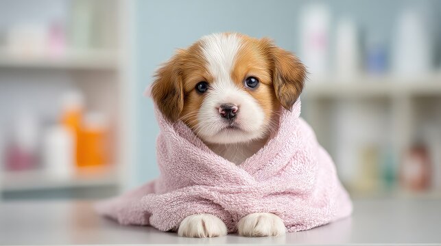 Cute Puppy Wrapped in Soft Pink Towel After Bath Time Moment