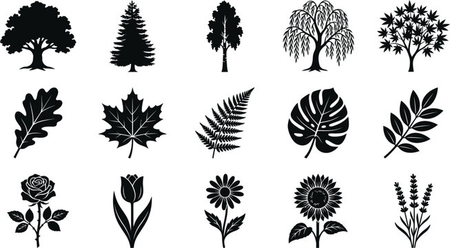 Collection of black silhouette of trees, leaves, and flowers on white background, leaf nature