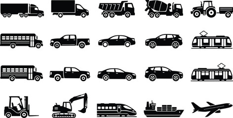 Obraz premium Collection of black silhouette of various vehicles and transportation modes truck tractor tram