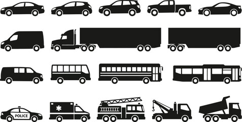 Collection of black silhouette of various vehicles, including cars, trucks, buses, and emergency vehicles © Graphic Shops