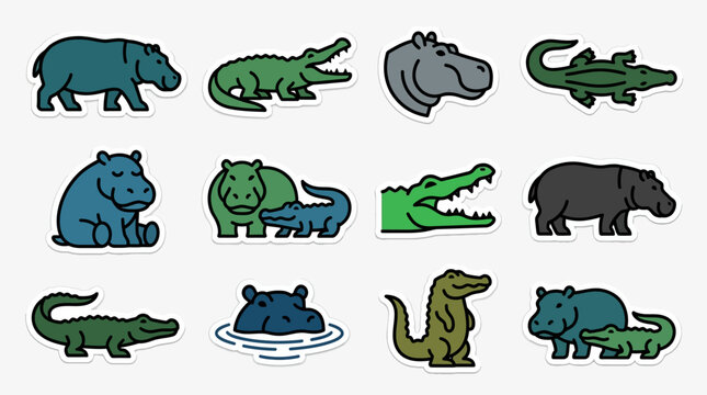 Various animals including hippos and crocodiles are standing together.