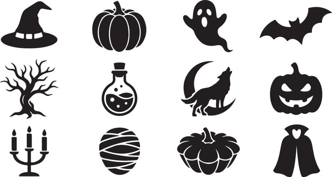 Halloween icons set including witch hat, pumpkin, ghost, bat, tree, potion, wolf, jack-o-lantern, candelabra, mummy, and cloak