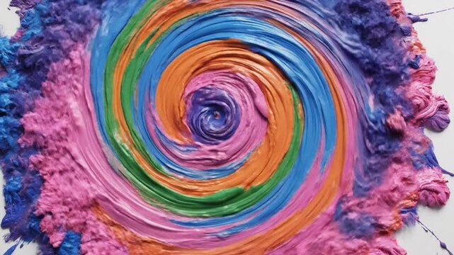 Vibrant rainbow-colored oil paint brush strokes swirling together in a circular spiral pattern with thick textured impasto details on a plain white background.