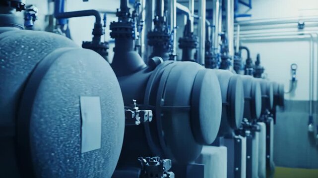 Industrial machinery and tanks in a modern factory setting with numerous pipes and valves, showcasing a streamlined manufacturing process and advanced technical infrastructure