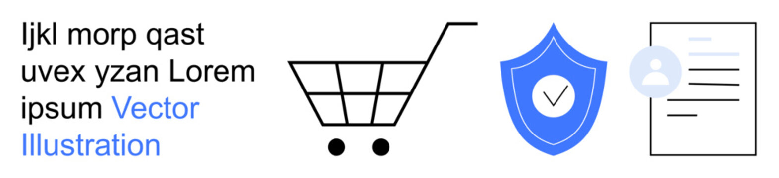 E-commerce, cybersecurity, identity verification, data protection, secure transactions, online privacy. Shopping cart, security shield user profile and document graphic. E-commerce