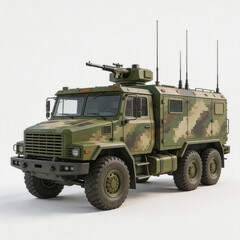Fototapeta premium This is a 6x6 off-road military command and communication vehicle with digital camouflage, fitted with a machine gun turret and multiple communication antennas.