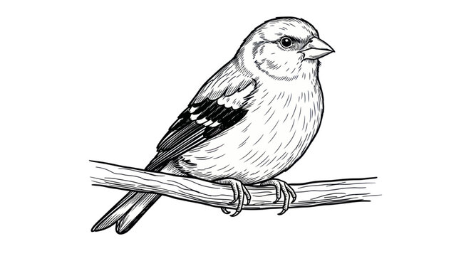 Hand-drawn illustration of a finch perched on a branch, black and white sketch.