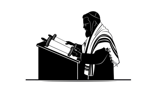 Orthodox Rabbi Reading Torah Scroll from Lectern, Religious Jewish Man