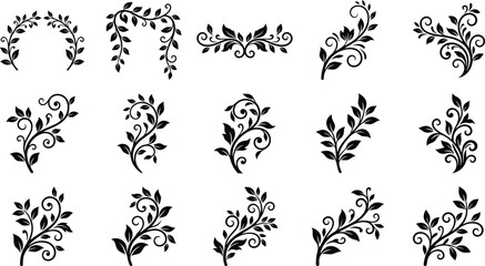 Collection of black swirling floral and leaf ornaments on white background, floral ornament flourish © Graphic Shops