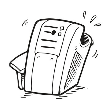 Hand-drawn illustration of a malfunctioning office printer experiencing a frustrating paper jam issue