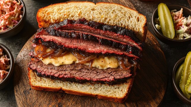 Gourmet brisket sandwich with thick-cut smoked beef melted cheese caramelized onions on artisan bread served with pickles and coleslaw at premium restaurant