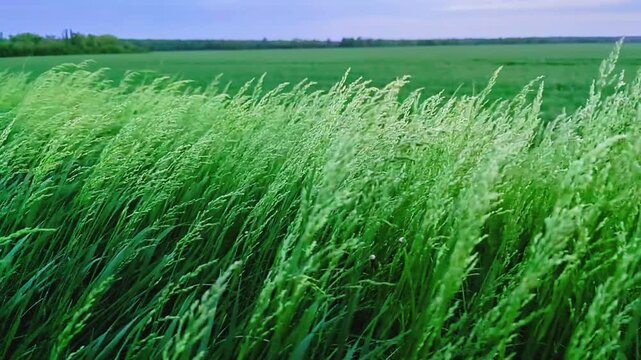 Wheat field with grass in the wind in spring