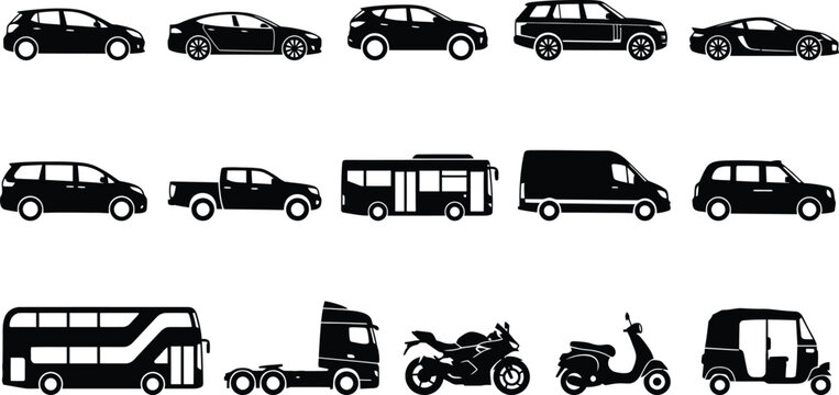 Collection of black vehicle silhouettes including cars, bus, truck, motorcycle, scooter, and auto rickshaw
