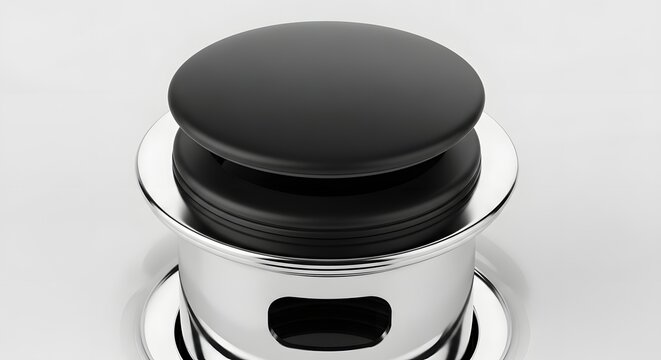 A shiny chrome push button with a black rubber top on a light gray background