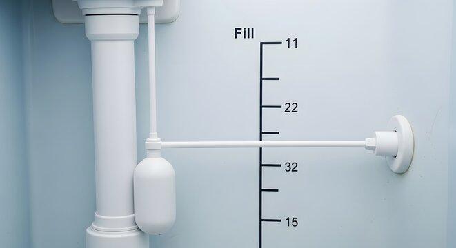 A white toilet fill valve with a float arm and markings on a light blue background