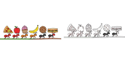 Cute cartoon ants walking in a line carrying giant food items. Includes full color and black and white line art coloring page versions. © MstTabassum