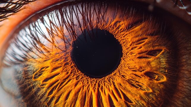 Eye pigment detail extreme macro closeup human iris orange amber tones radial striations texture patterns eyelashes natural lighting