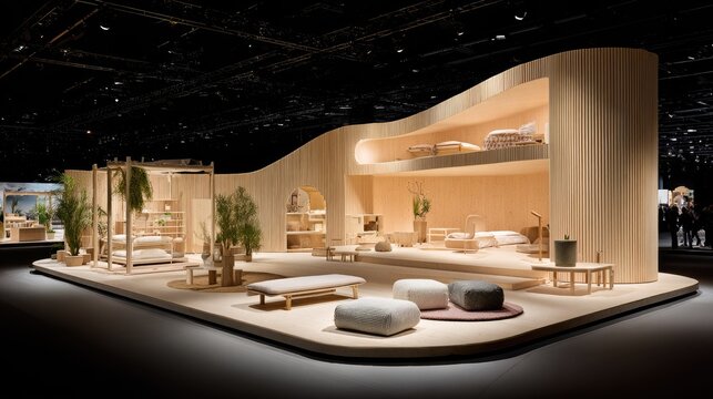 Contemporary interior design exhibition booth showcases natural wood furniture and organic shapes