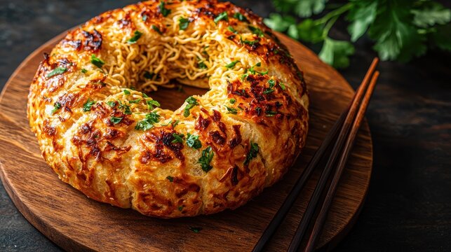 Gourmet ramen burger with golden crispy noodle buns on wooden cutting board premium restaurant presentation artisanal fast food fusion cuisine