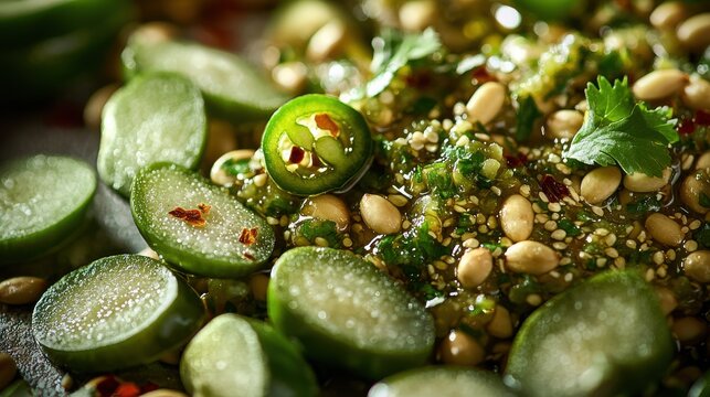 Artisanal pumpkin seed salsa verde with toasted pepitas, fresh cilantro, lime garnish and jalape&ntilde;o slices in premium Mexican restaurant presentation