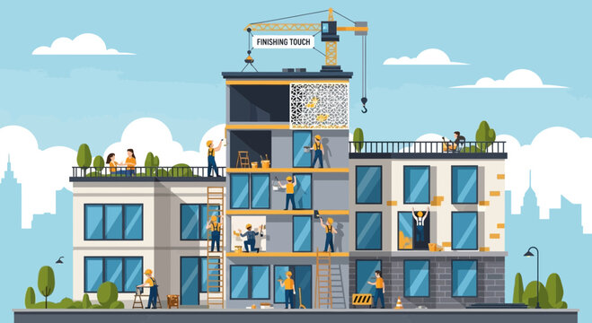 Construction of modern apartment building with workers, crane, and finishing touches