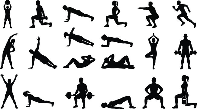 Fitness workout silhouette vector icon set of people doing gym exercises and training isolated on white background