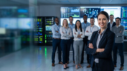 Fototapeta premium Female telecommunications engineer with network operations team, IT specialists, telecom technicians, technical support staff, digital infrastructure, communication technology, operations center