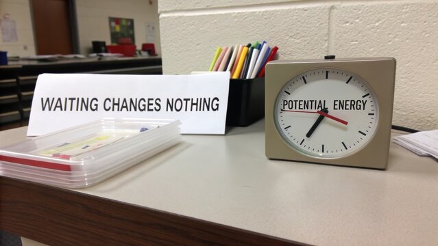 Desk scene with clock, notes, and pens