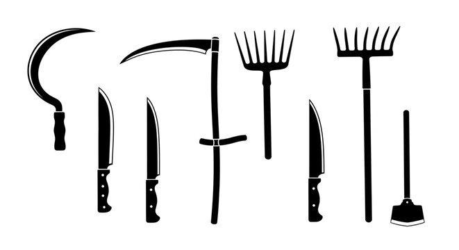 Collection of farm tools and knives on white background including sickle pitchfork shovel and cleaver for gardening and agriculture tasks