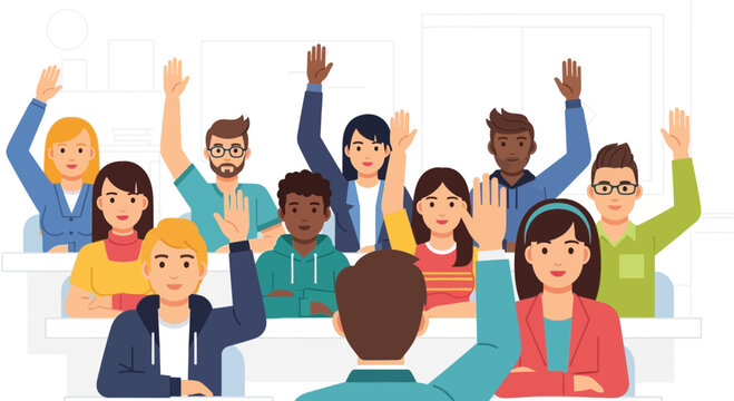 Diverse students raising hands in classroom, eager to answer questions, education concept