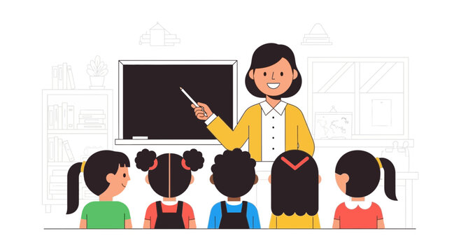 Teacher instructing diverse children in classroom, education concept