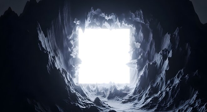 Abstract surreal portal of glowing white light inside jagged dark stone cavern.