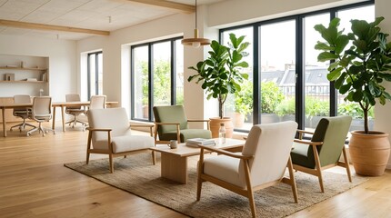 Fototapeta premium Bright and modern co-working lounge with comfortable seating, natural light, and lush plants