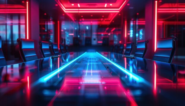 Futuristic meeting room bathed in vibrant blue and pink neon lights, sleek empty space