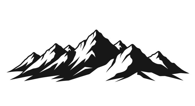 Snowy mountain range landscape in black and white minimalist style with sharp peaks and clean lines on plain background