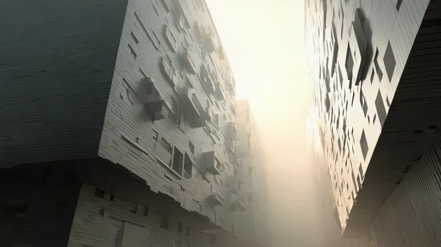 Futuristic buildings forming a tight urban canyon, with a misty atmosphere and bright light breaking through the top, creating a moody and dystopian architectural landscape