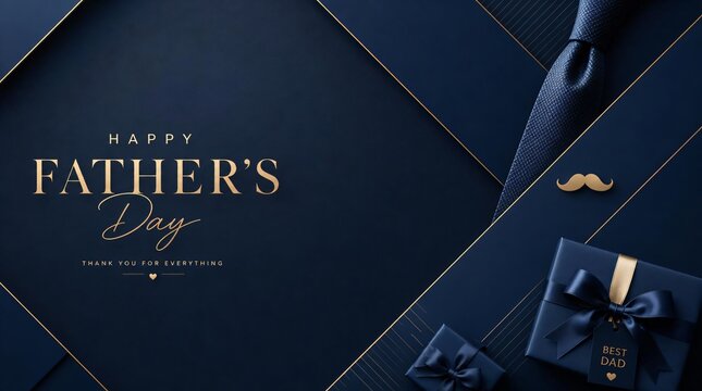 Elegant Father's Day celebration with luxurious gifts, a stylish necktie, and golden accents on a dark blue background