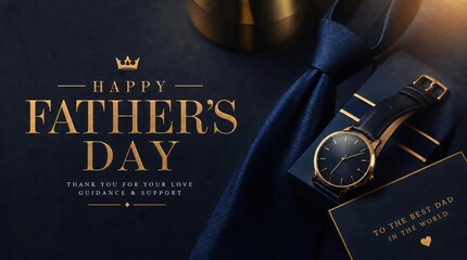 Luxury father’s day greeting card with gold typography, necktie, wristwatch, and gift box