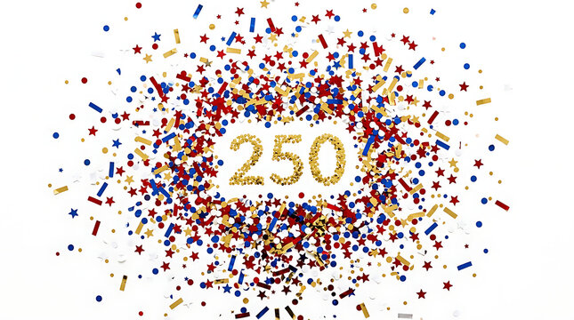 Multiple star shaped sugar cookies decorated with American flag royal icing and gold number 250 arranged on white fabric background, USA patriotic 250th anniversary semiquincentennial celebration baki