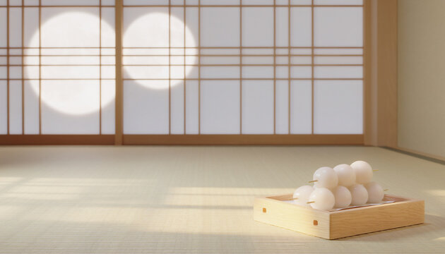 Tsukimi Dango Rice Dumplings in Japanese Tatami Room with Shoji Moonlight