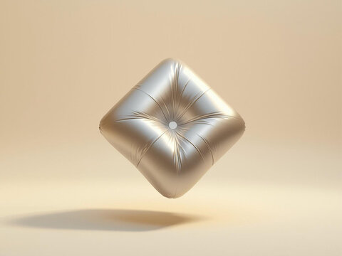 Silver metallic cushion pillow 3D render. Buying floating square soft tufted object for interior furniture decor marketing utility in premium beige studio environment.