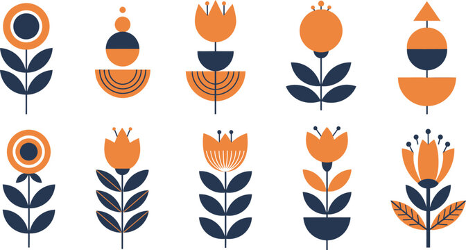 Geometric floral icons set with minimalist flower designs and botanical elements for modern branding and pattern creation vector