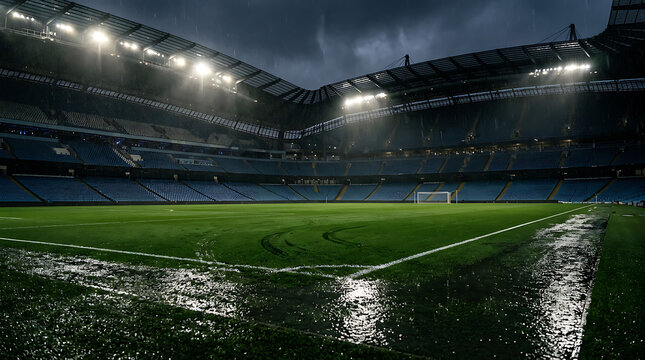 A soccer stadium with blue seats and a green field at night